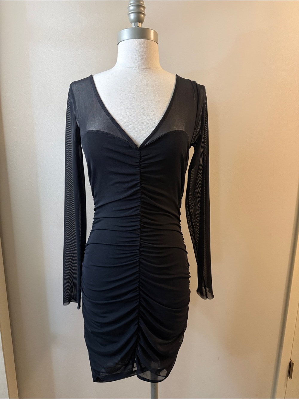 Free People Black Ruched V-Neck Long Sleeve Dress